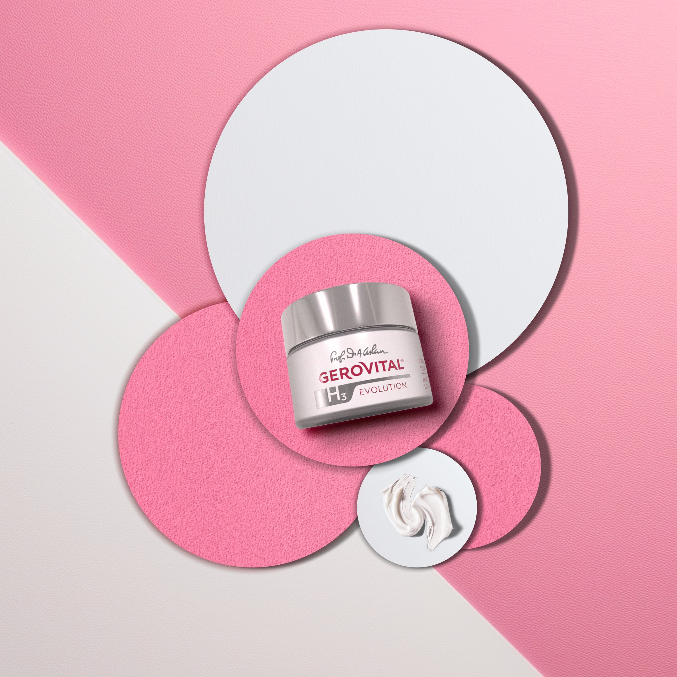 Creme-Tiegel und Creme-Klecks auf farbigem Hintergrund. Aufschrift: Gerovital H3 Evolution.