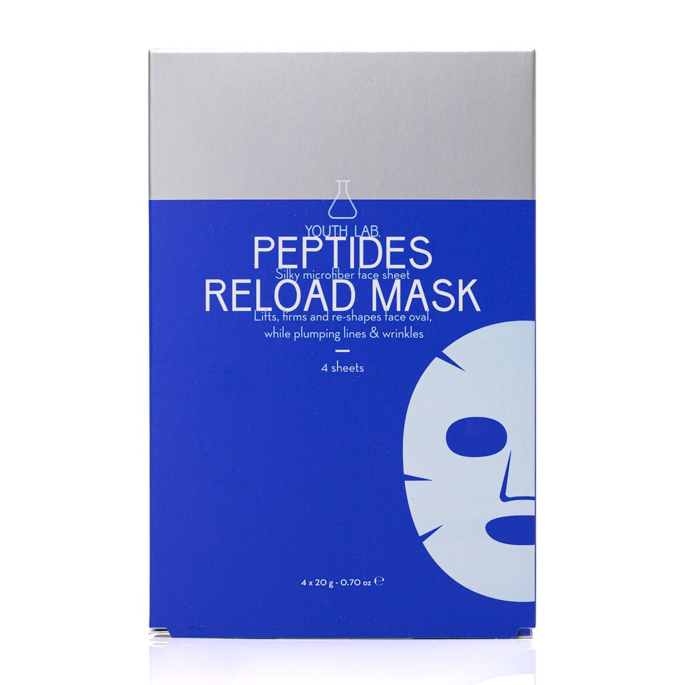 Blau-silberne Verpackung mit Produktnamen und Logo. Enthält 4 Gesichtsmasken. Text: Peptides Reload Mask, 4 sheets.