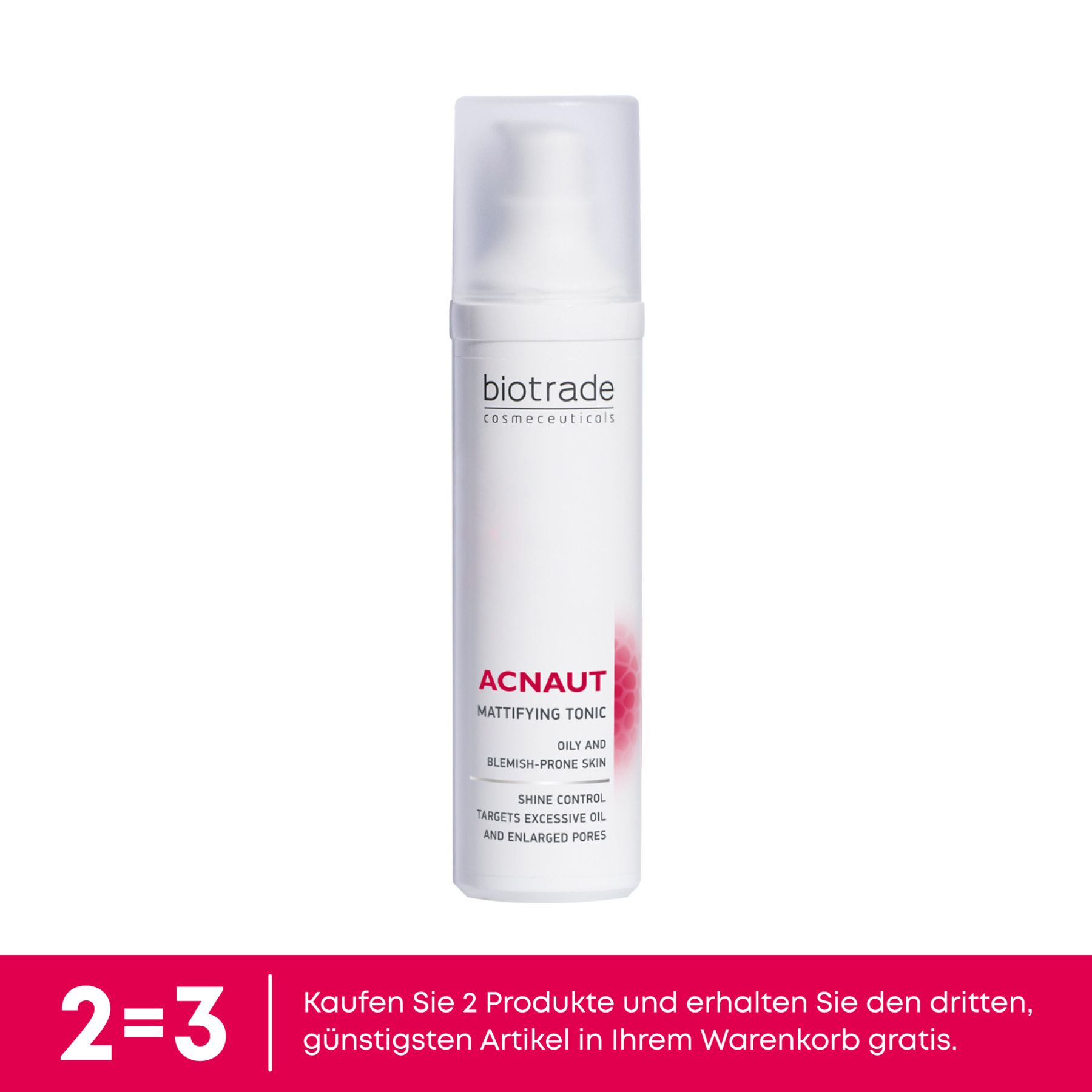 Weiße Flasche mit Sprühkopf. Aufschrift: Biotrade, Acnaut Mattifying Tonic. Text: Oily and blemish-prone skin. Shine control. 2=3 Angebot.