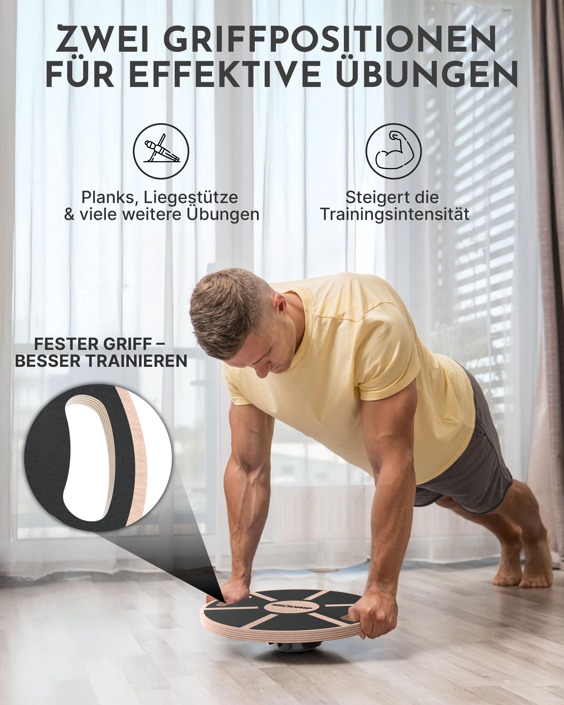 Mann trainiert mit Balance Pad. Zwei Griffpositionen. Illustrationen von Übungen. Fester Griff.