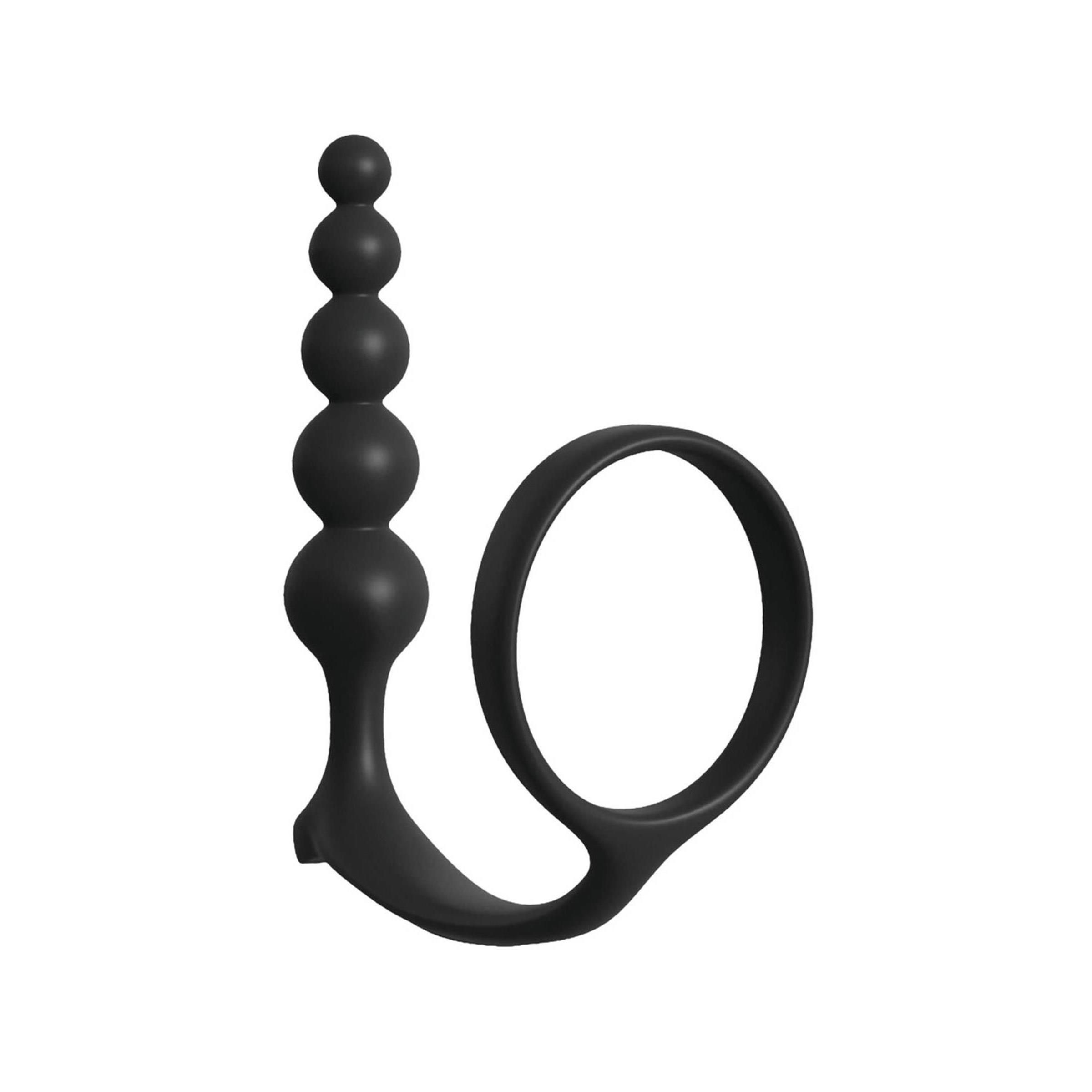 Schwarzes Analperlenspiel mit Cockring. Besteht aus einer Reihe von Kugeln unterschiedlicher Größe und einem Ring.