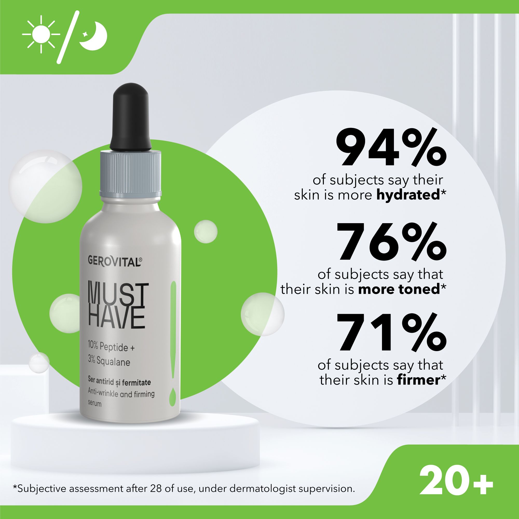 Serumflasche mit Text. Aufschrift: MUST HAVE, 10% Peptide + 3% Squalan. Anti-Falten-Serum. Statistiken.