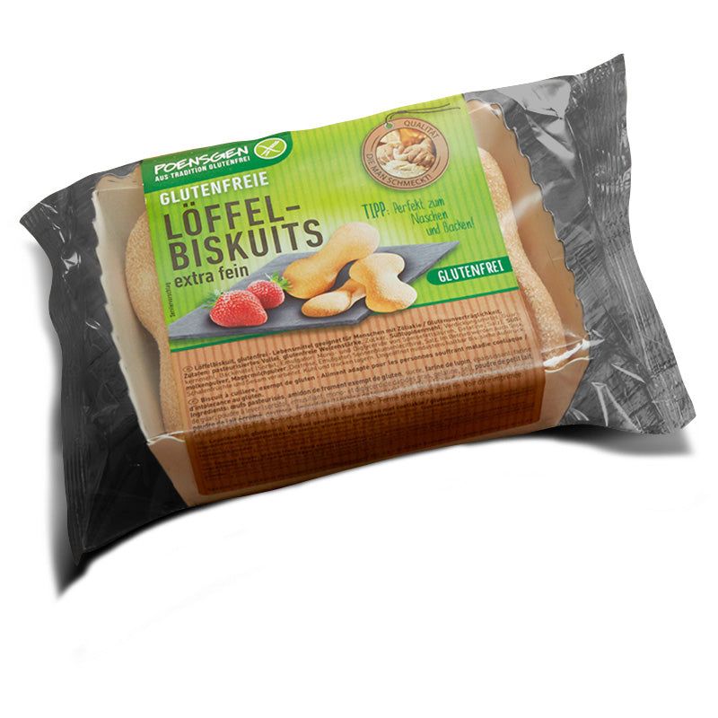 Verpackung mit glutenfreien Löffelbiskuits. Aufdruck: Marke, Produktname, glutenfrei, Abbildung von Keksen und Erdbeeren.