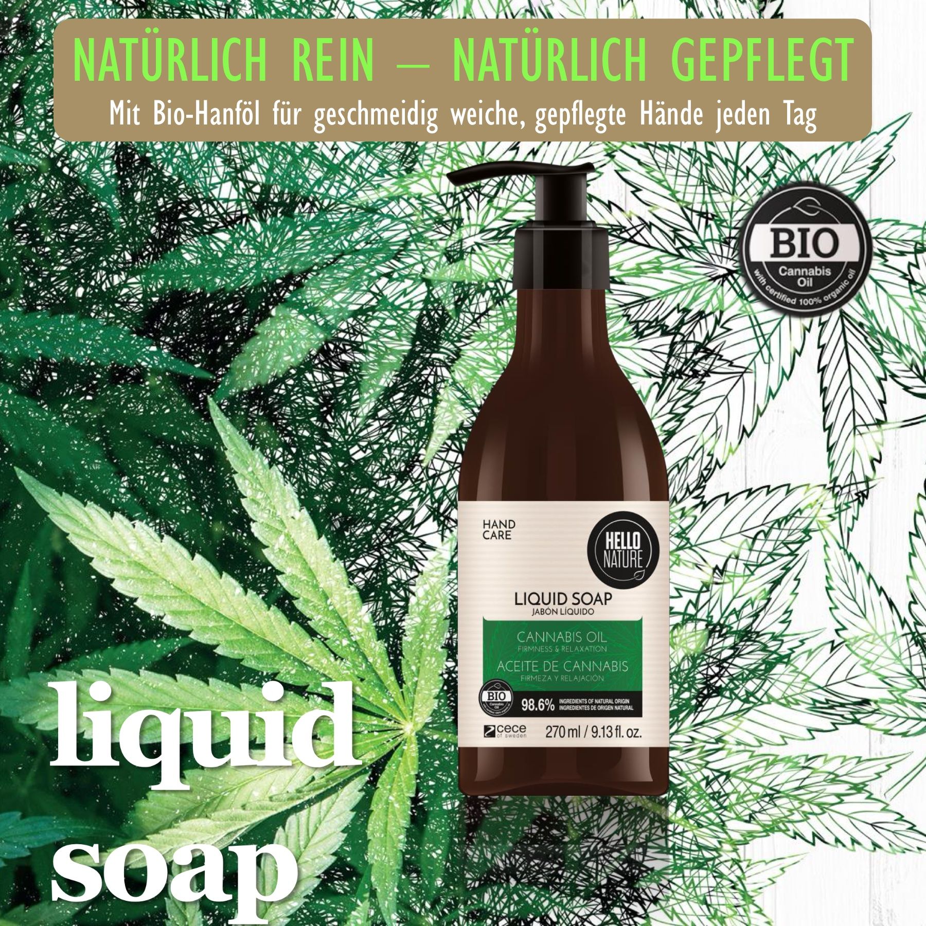 Hello Nature Hand und Schaumseife für die Körperpflege mit Hanföl