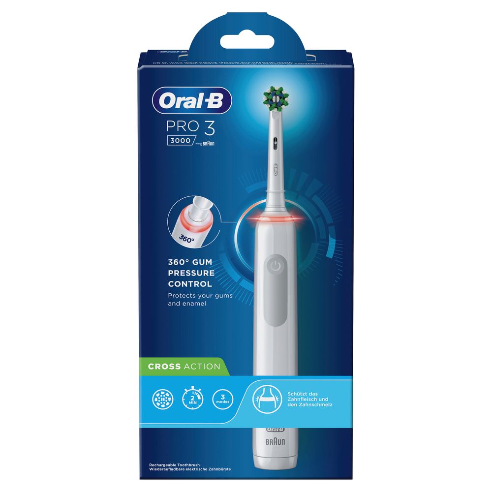 Verpackung der elektrischen Zahnbürste. Sichtbar: Oral-B Pro 3, Cross Action, Druckkontrolle, wiederaufladbar.