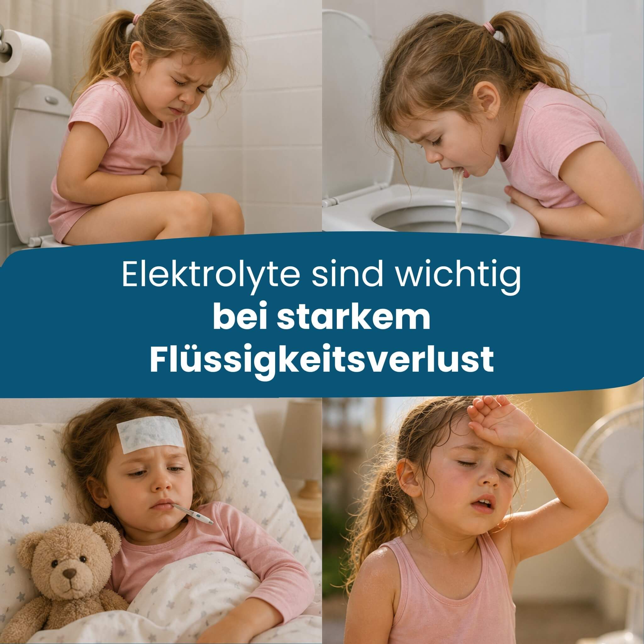 Kinder mit Symptomen von Flüssigkeitsverlust: Bauchschmerzen, Erbrechen, Fieber, Hitze.