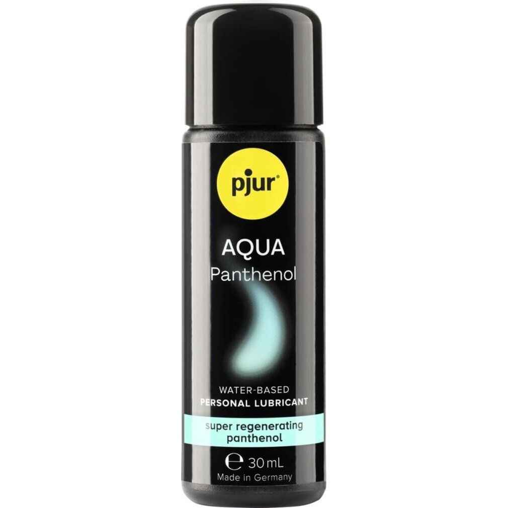 Schwarze Flasche mit schwarzem Deckel. Aufschrift: pjur AQUA Panthenol. Text: Water-Based Personal Lubricant. 30ml.