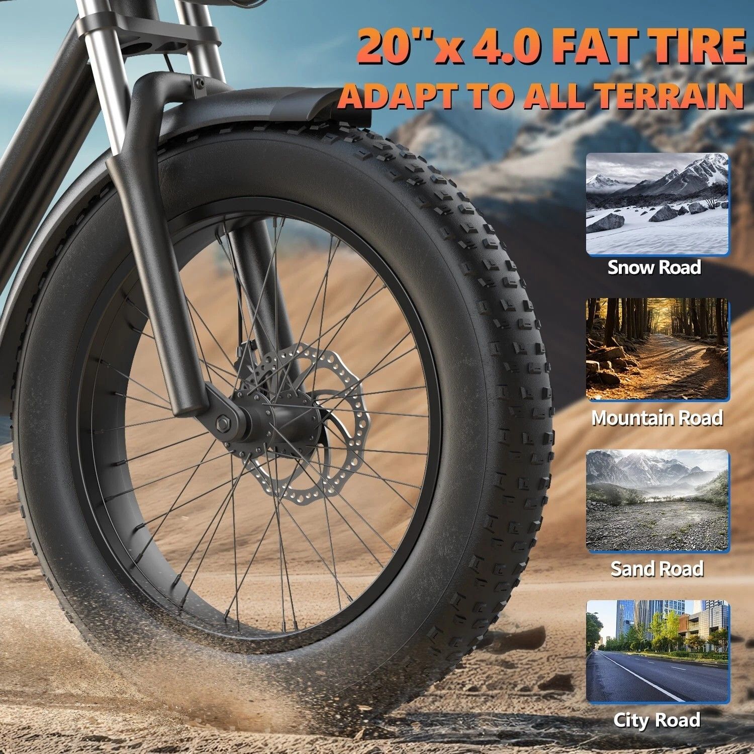 Nahaufnahme des Vorderrads eines E-Bikes. Breiter Reifen. Text: 20" x 4.0 FAT TIRE. Illustrationen: Schnee, Berg, Sand, Stadt.