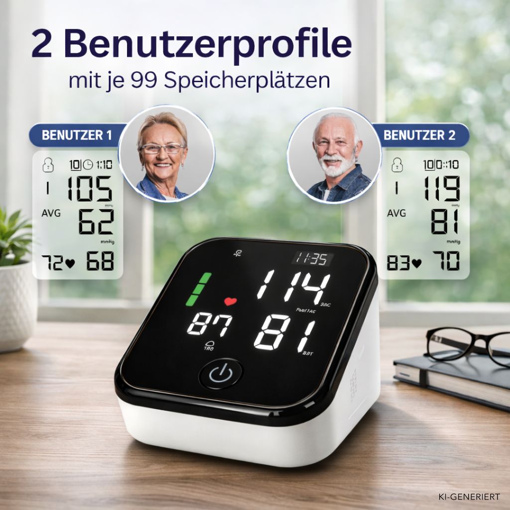 Blutdruckmessgerät mit LED-Anzeige für 2 Benutzerprofile mit je 99 Speicherplätzen.