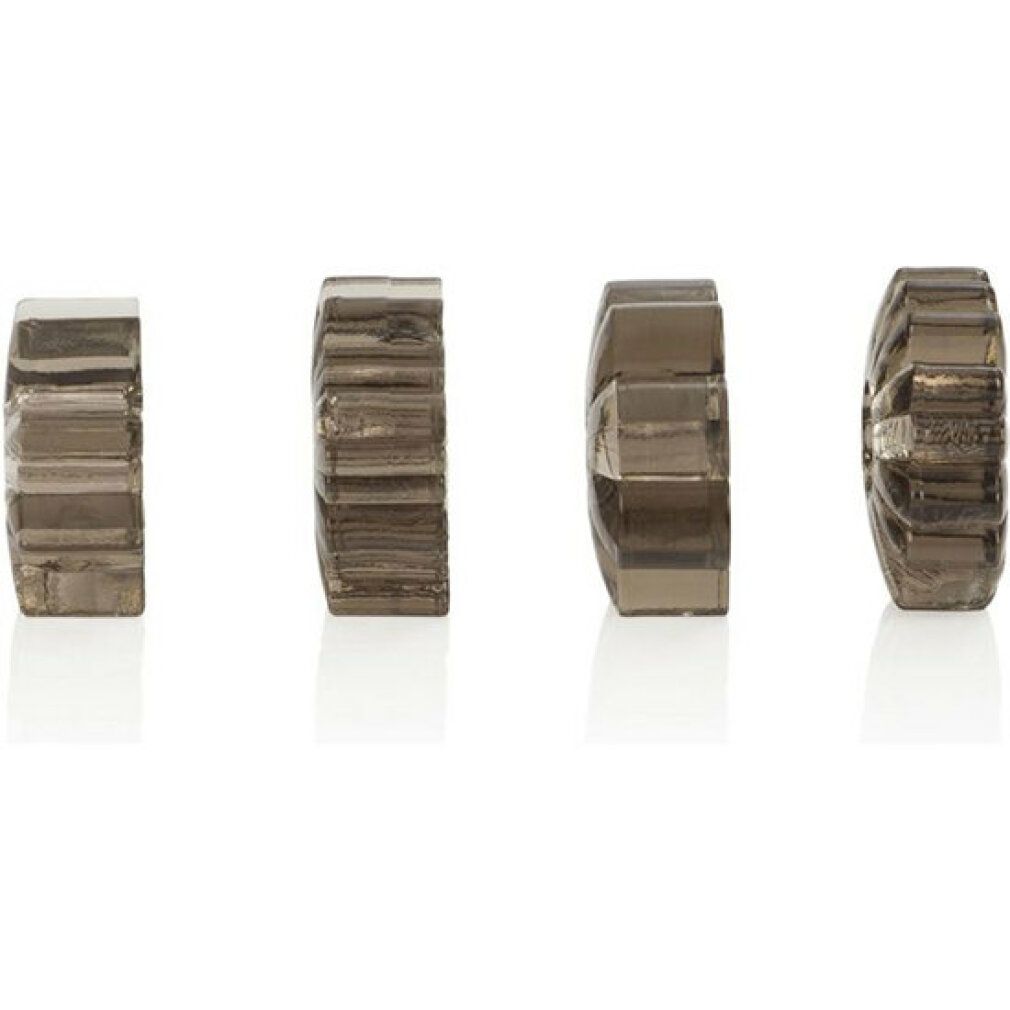Vier transparente Ringe, die nebeneinander liegen. Sie sind geriffelt und haben eine rechteckige Form.