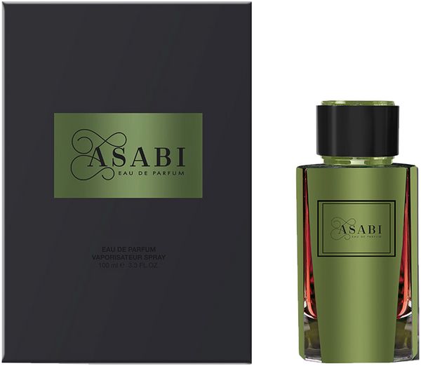 Asabi Eau de Parfum Flakon und Verpackung. Schwarze Verpackung mit grünem Logo. Grüner Flakon mit schwarzem Deckel und grünem Logo.