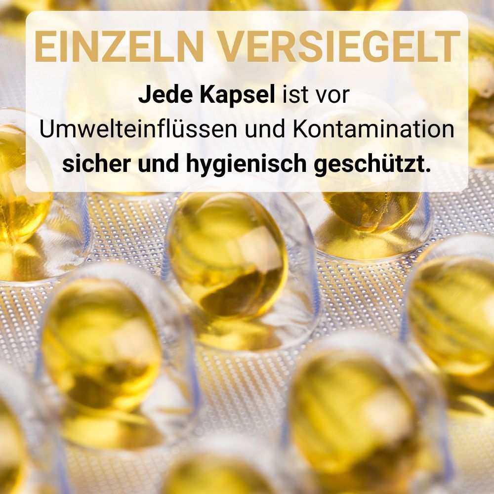Kapseln in Blisterpackung. Text: Einzeln versiegelt. Hygienisch geschützt.