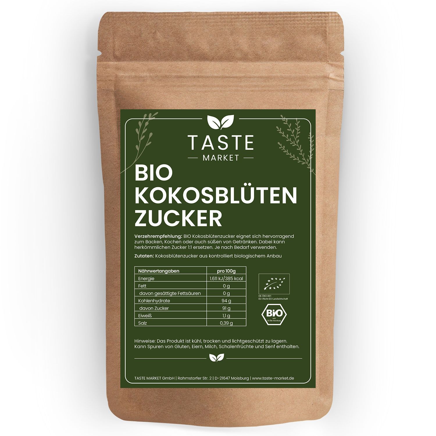 Braune Papiertüte mit Kokosblütenzucker von Taste Market. Enthält Bio-Siegel und Nährwertangaben.