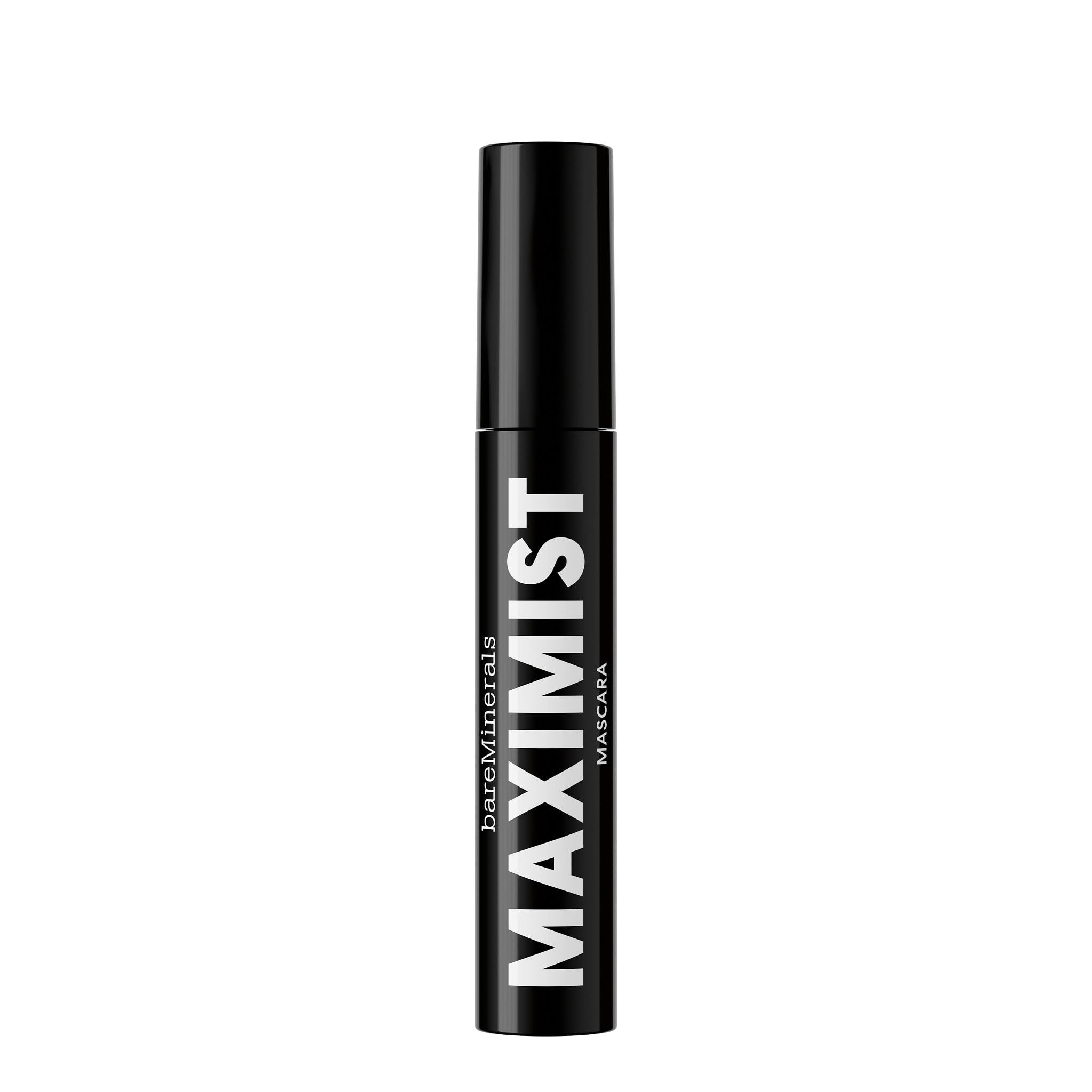 Schwarze Mascara-Tube mit weißem Schriftzug MAXIMIST. Marke BareMinerals. Schwarzer Deckel.