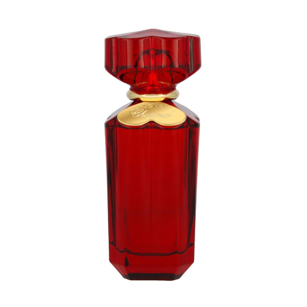 Roter Flakon mit goldfarbenem Verschluss. Aufschrift: Love Chopard. Geometrische Form.