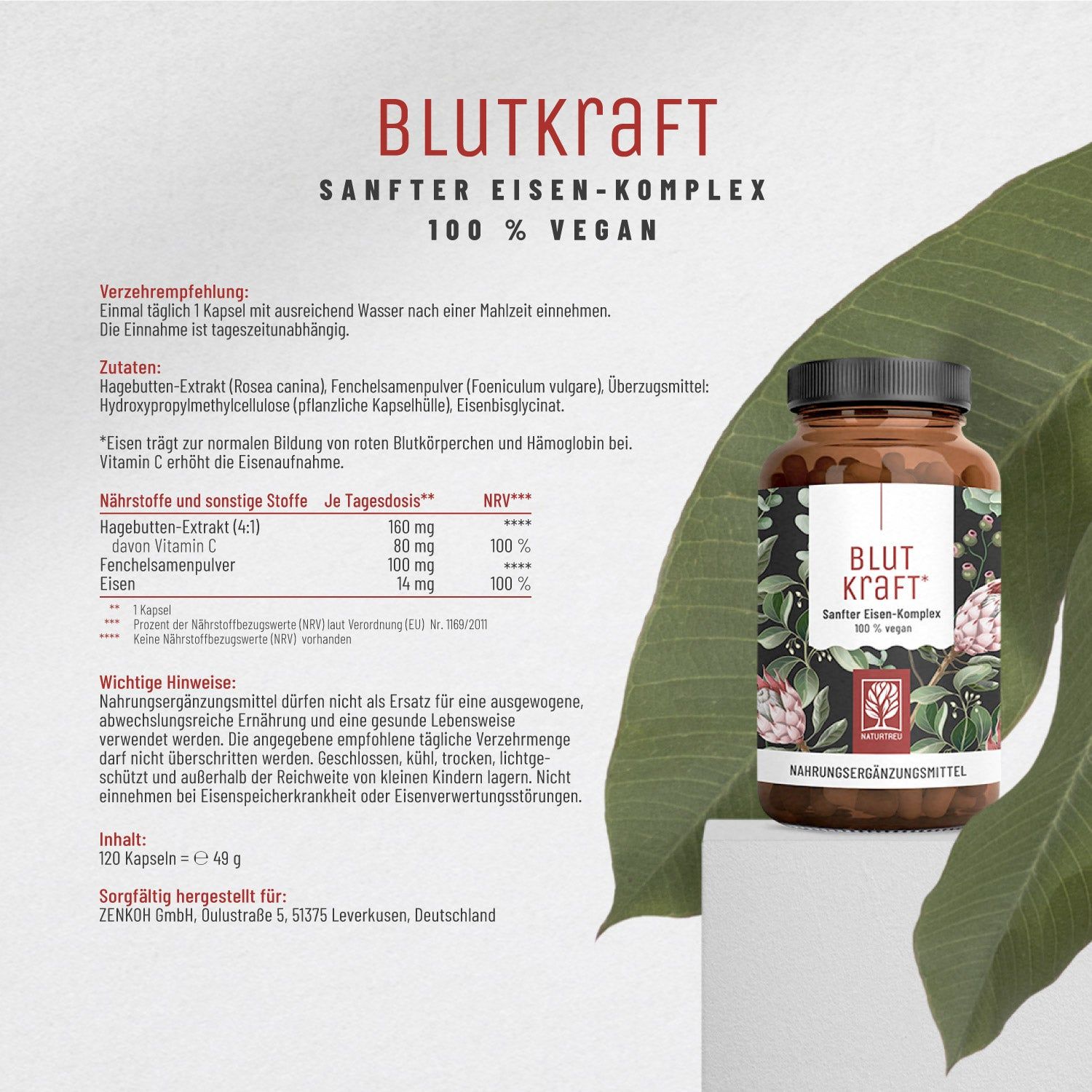 Braune Kapsel-Flasche mit Etikett. Text: BLUT KRAFT*, 100% vegan. Nährwertangaben. Text über Inhaltsstoffe und Anwendung.