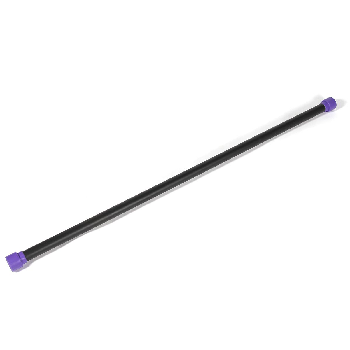 Schwarze, gewichtete Fitness-Stange mit lila Enden. Die Stange liegt diagonal auf weißem Hintergrund.