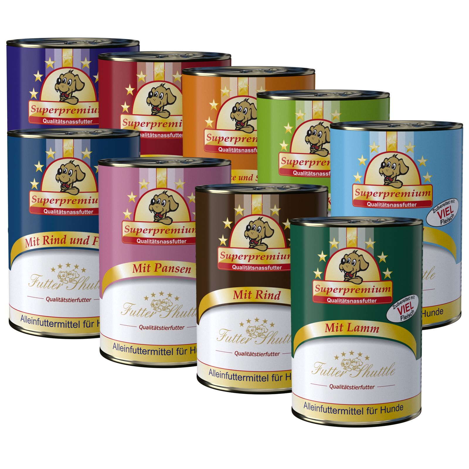 Neun Dosen Hunde-Nassfutter. Verschiedene Farben, Etiketten mit Produktnamen und Geschmacksrichtungen. "Superpremium" und "Futter Shuttle" sind sichtbar.