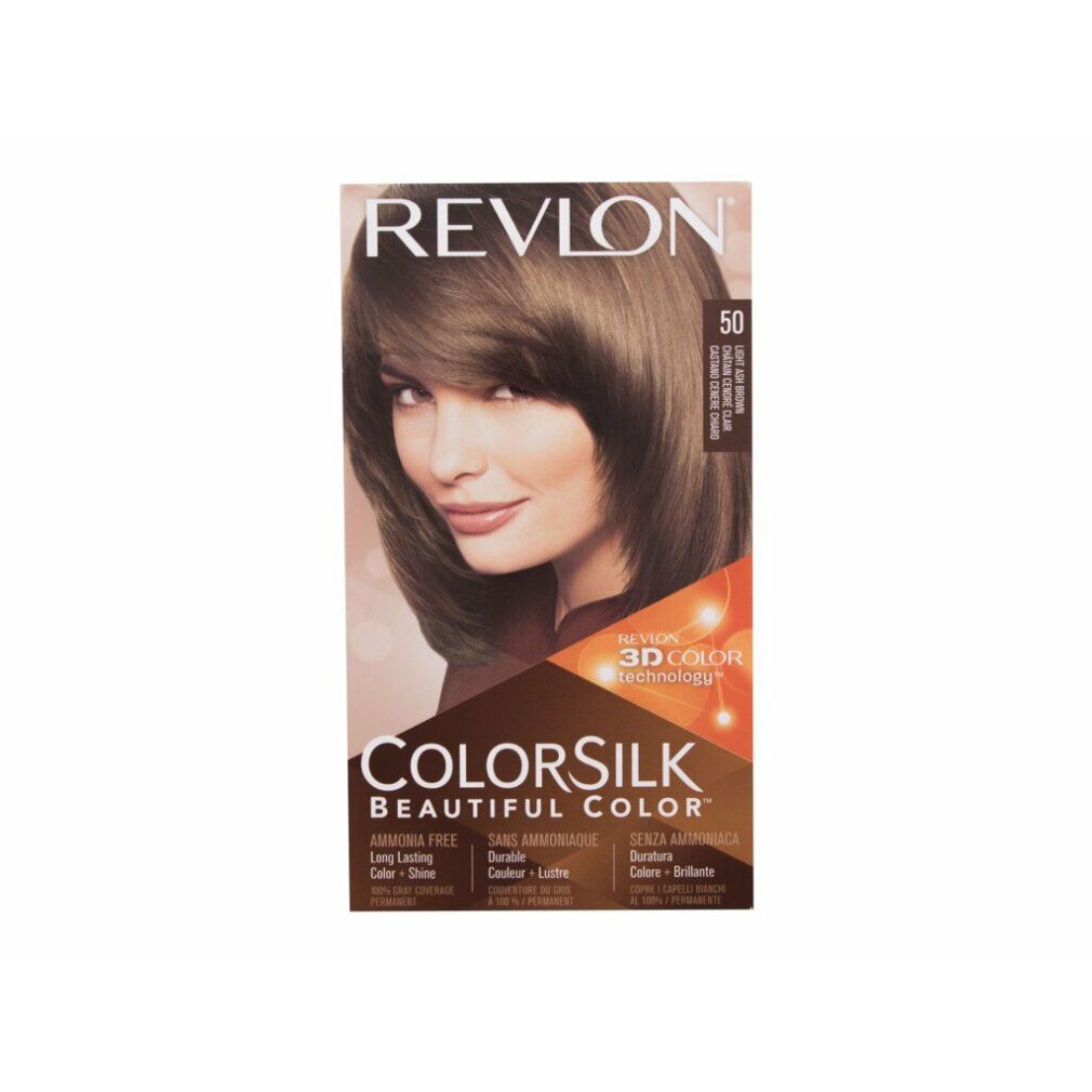 Revlon Colorsilk Haarfarbe, Farbton 50. Verpackung mit Abbildung einer Frau mit braunem Haar. Enthält 3D Color Gel Technologie. Ohne Ammoniak.
