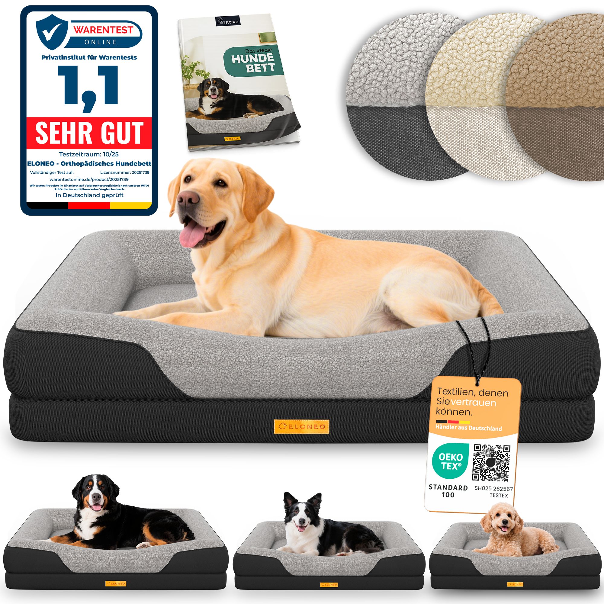 Hundebett mit Hund und Zertifikaten. Drei weitere Betten mit Hunden. Text und Logo.