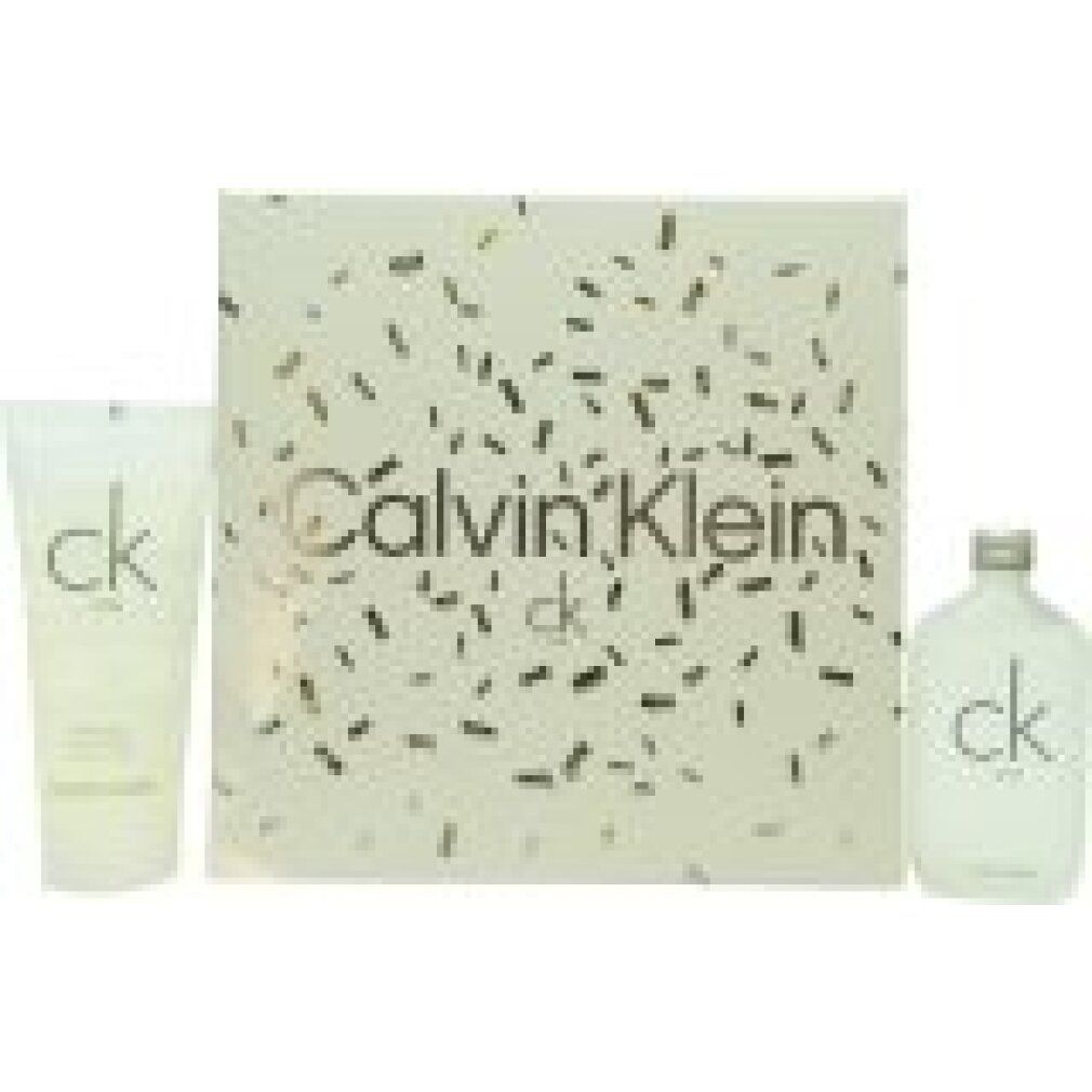 Geschenkset mit Flasche, Tube und Verpackung. Aufdruck: Calvin Klein, ck. Konfetti-Design.