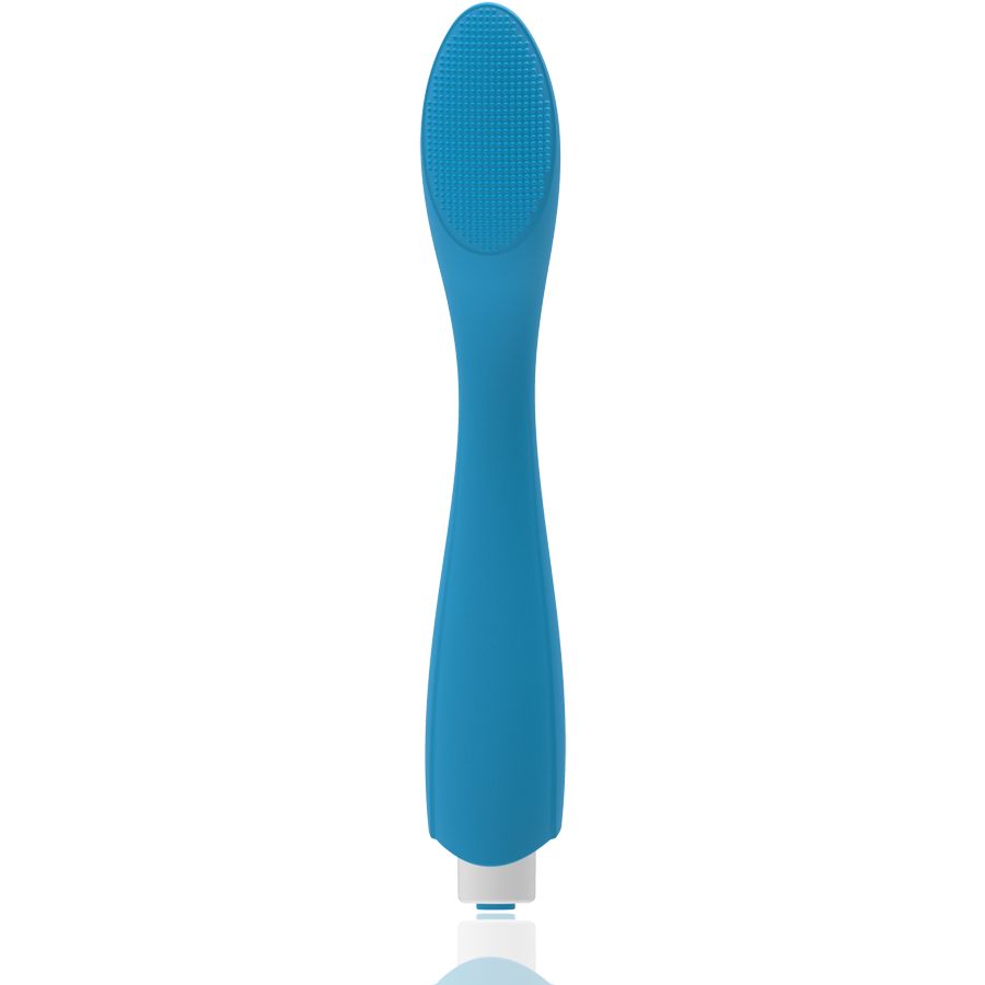 Blauer Vibrator mit strukturiertem Kopf und schlankem Schaft. Weißes Element am Ende.