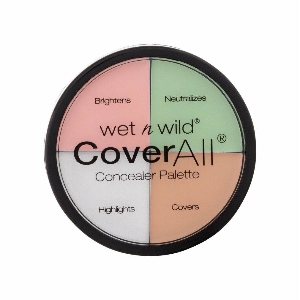 Runde, schwarze Wet n Wild CoverAll Concealer Palette. Vier farbige Bereiche: Rosa, Grün, Weiß und Pfirsich. Text: Aufhellt, Neutralisiert, Hebt hervor, Deckt ab.