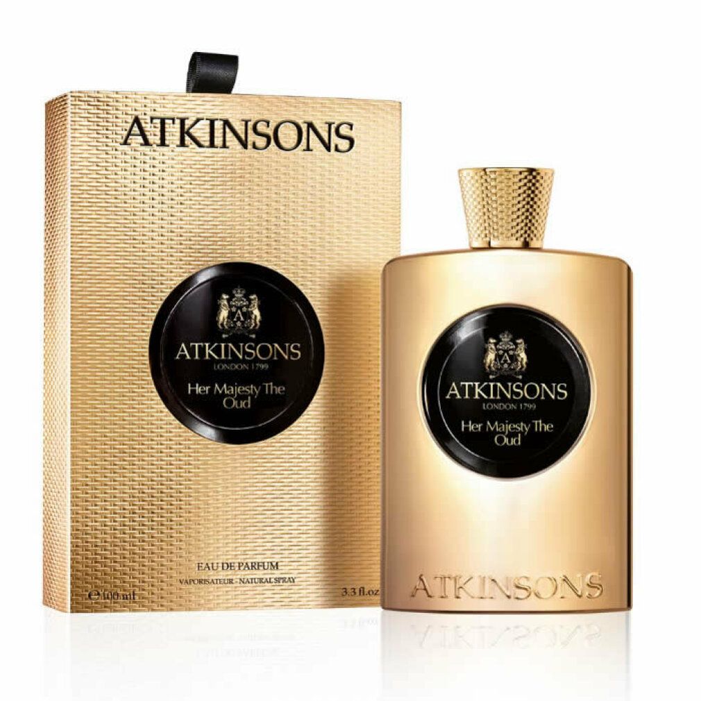 Goldfarbener Flakon und Verpackung mit schwarzem Etikett und Markenlogo. Text: Atkinsons, Her Majesty The Oud.