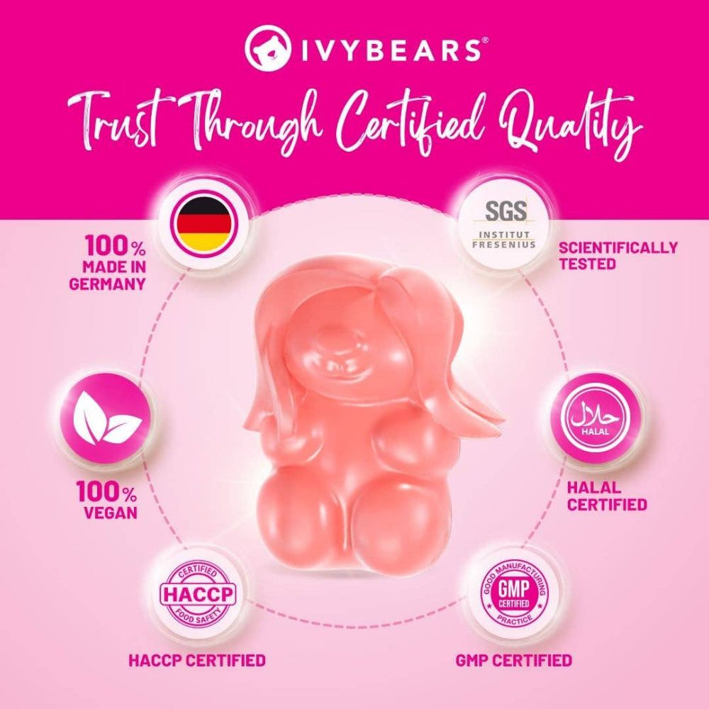 Rosa Gummibärchen in Bärenform. Aufschrift: Trust Through Certified Quality. 100% Vegan, Halal, GMP Certified.