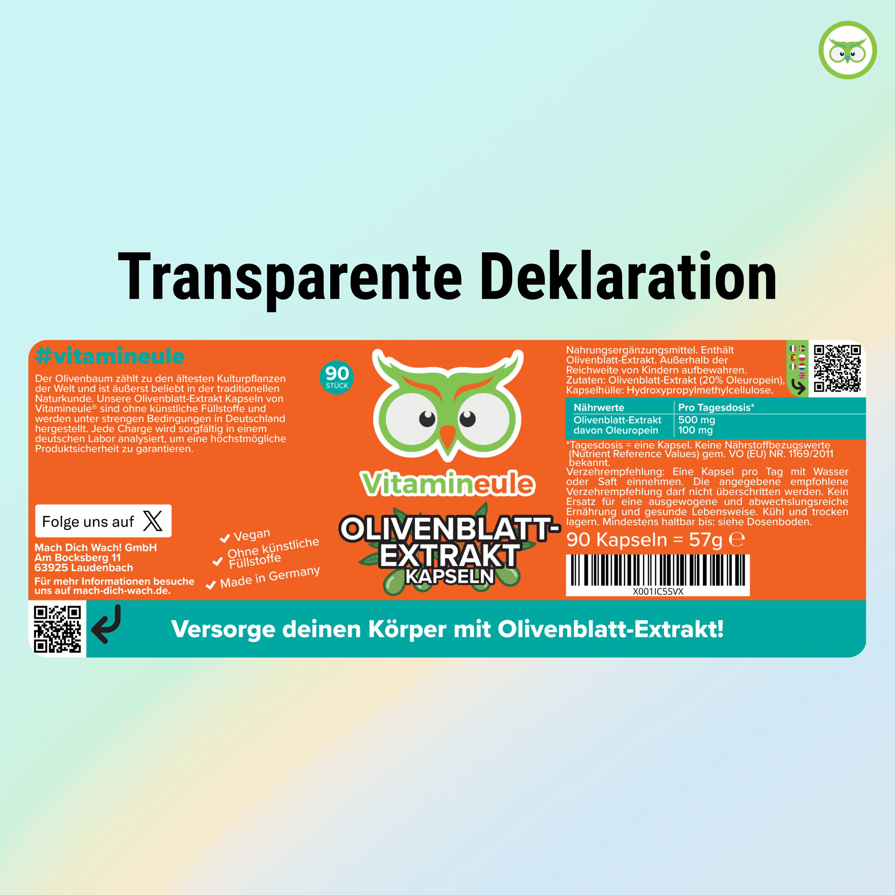 Produktetikett mit Informationen zu Olivenblattextrakt Kapseln. Enthält Nährwertangaben, Inhaltsstoffe, Herstellerinformationen und QR-Code.