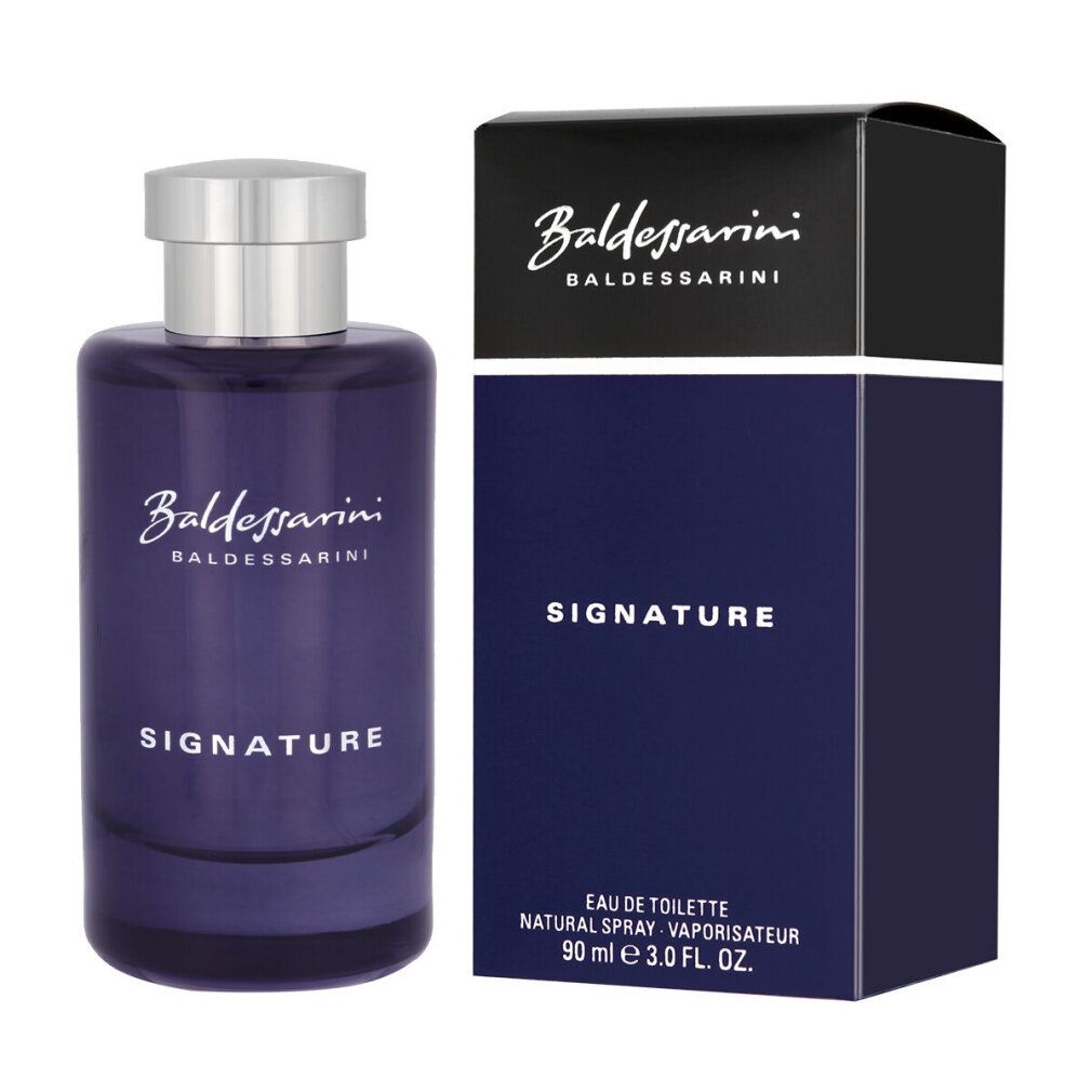 Baldessarini Signature Edt Spray und Verpackung. Flasche und Box in Blau. Silberner Verschluss. Schriftzug: Baldessarini, Signature. Text: Eau de Toilette.