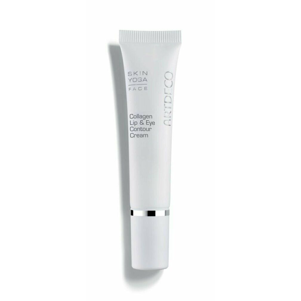 Weiße Tube mit Produktnamen und Logo. Aufschrift: Collagen Lip & Eye Contour Cream. Marke: Artdeco.