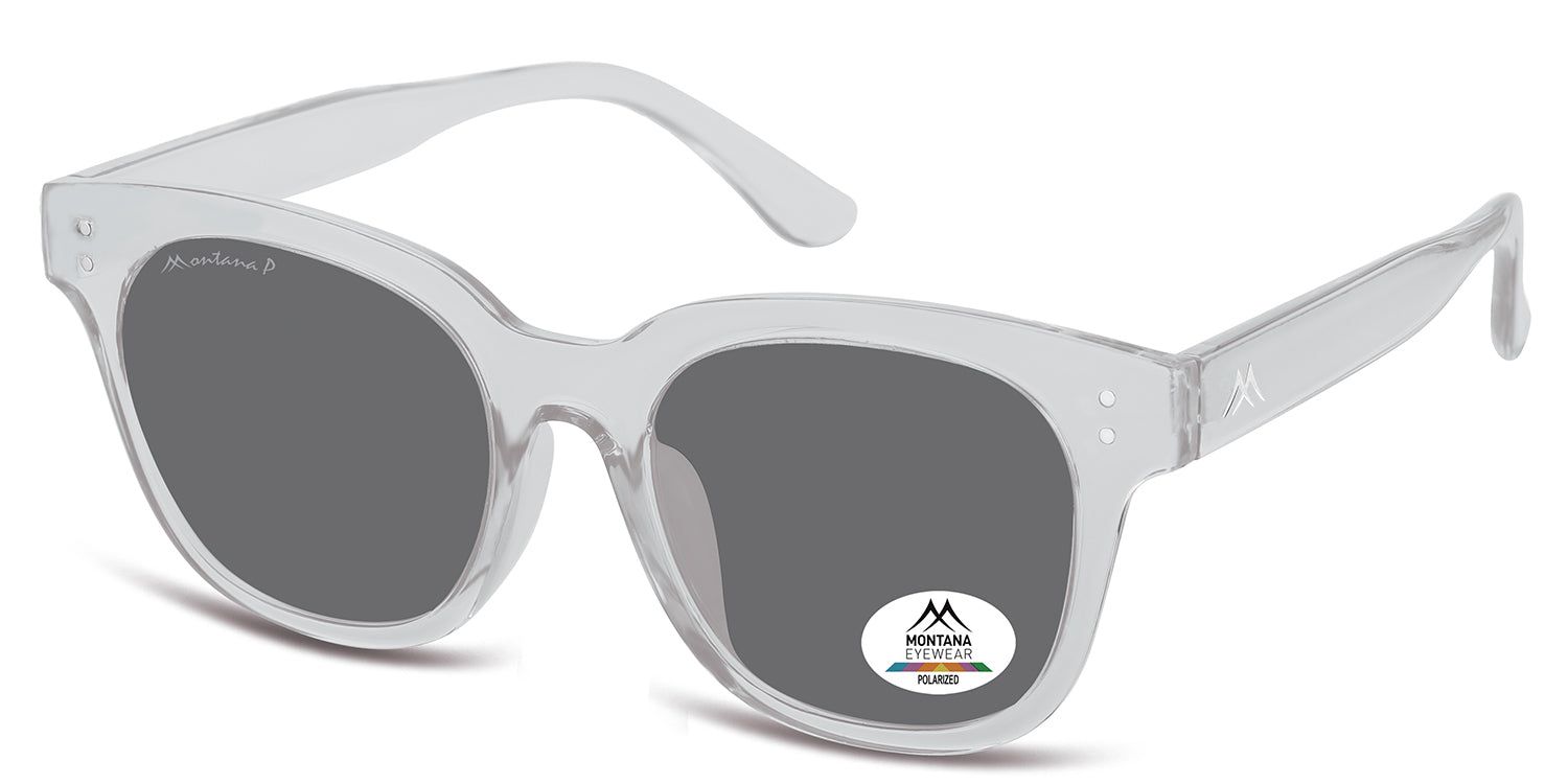Sonnenbrille mit grau getönten Gläsern und hellem Rahmen. Auf dem Glas ist ein Aufkleber mit Logo und der Aufschrift "Polarized".