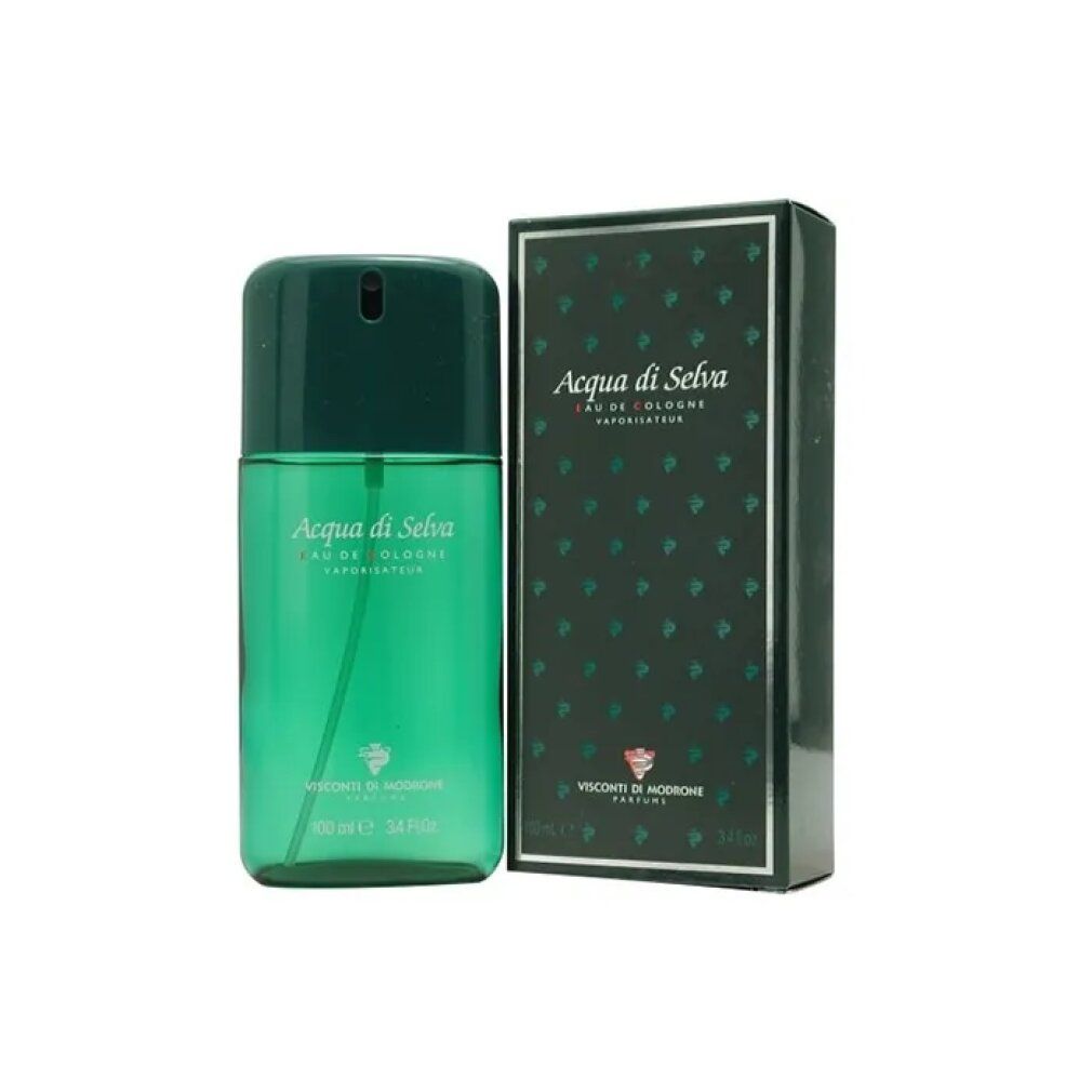 Grüne Flasche und Schachtel. Text: Acqua di Selva, Eau de Cologne, Vaporisateur. 100 ml, 3,4 fl oz. Verpackung mit Muster.
