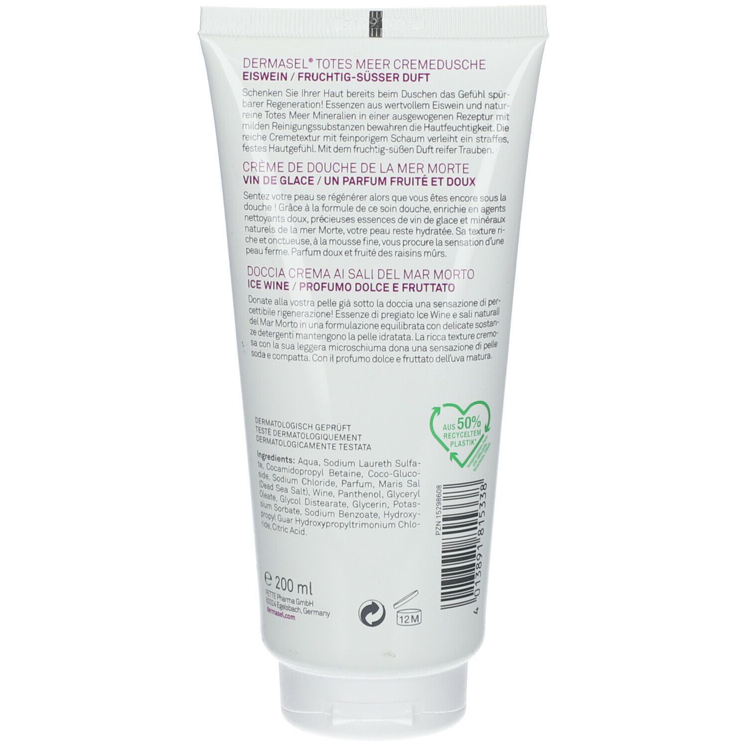 Weißer Tube mit Produkttexten. DERMASEL Totes Meer Cremedusche Eiswein. Rückseite mit Inhaltsstoffen und Zertifizierung.