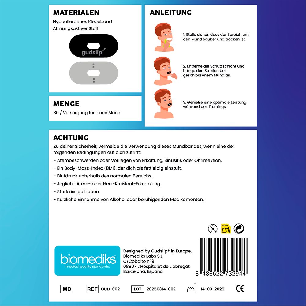 gudslip® Mundpflaster mit Öffnung, für einen erholsamen Schlaf, Monatspackung
