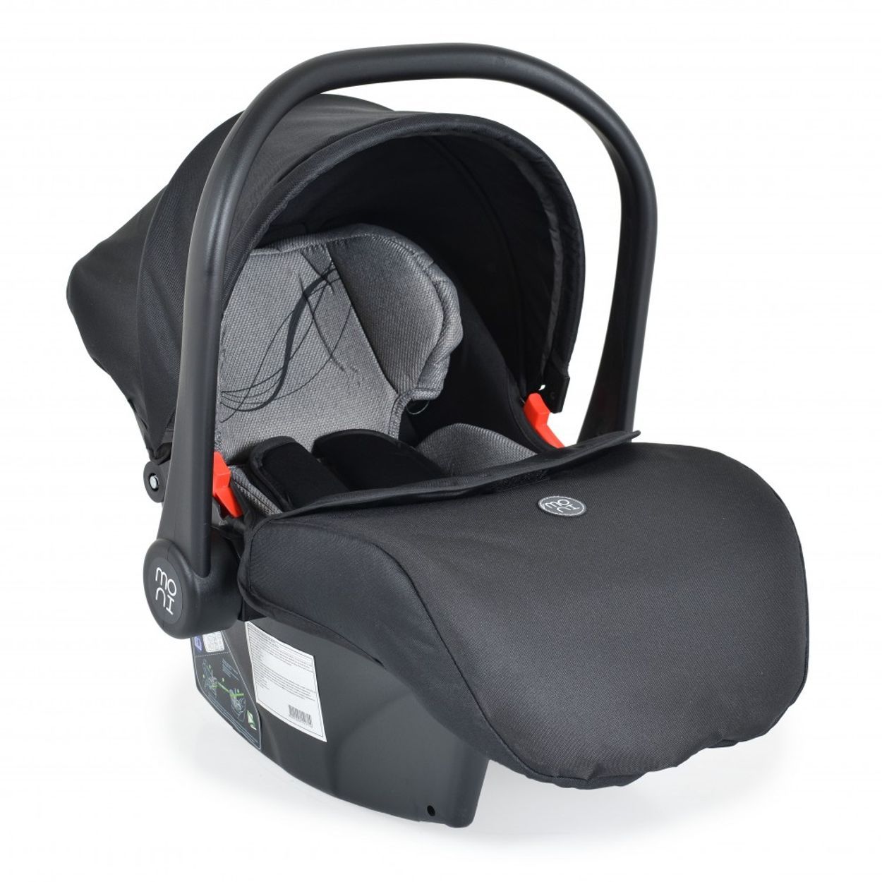 Baby-Autositz mit schwarzem Bezug, grauem Kopfpolster und 5-Punkt-Gurt. "Use by 0-13 kg" Aufschrift.