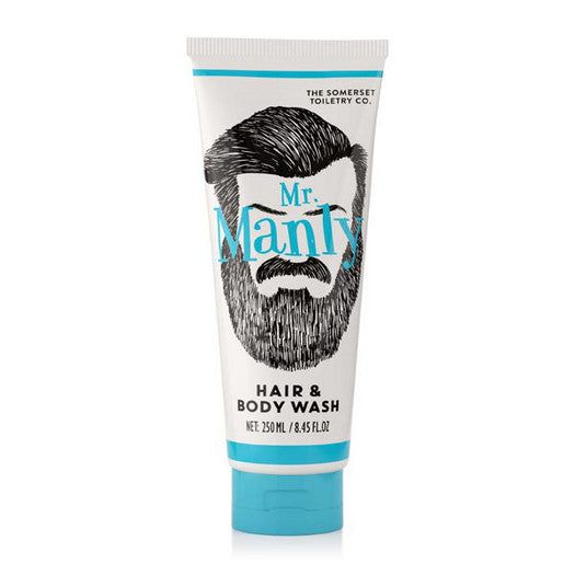 Tube de gel douche Mr. Manly. Illustration d'un homme barbu. Inscription "Hair & Body Wash". Couleurs : blanc, bleu.