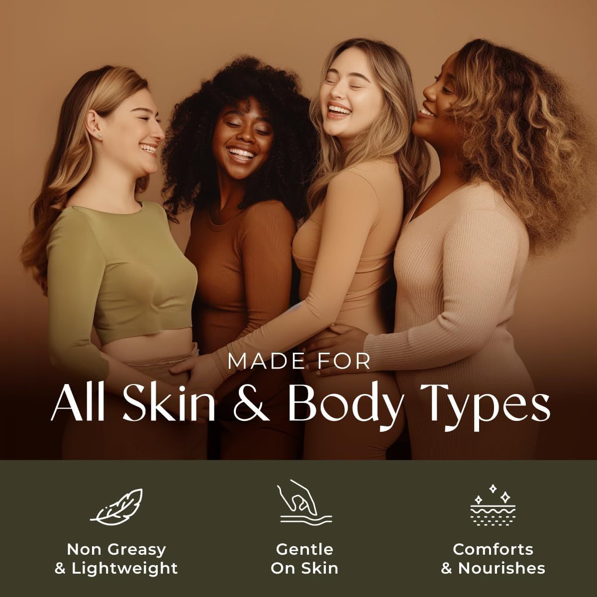 Vier Frauen umarmen sich. Text: Gemacht für alle Haut- und Körpertypen. Nicht fettend & leicht, sanft zur Haut, tröstet & nährt.