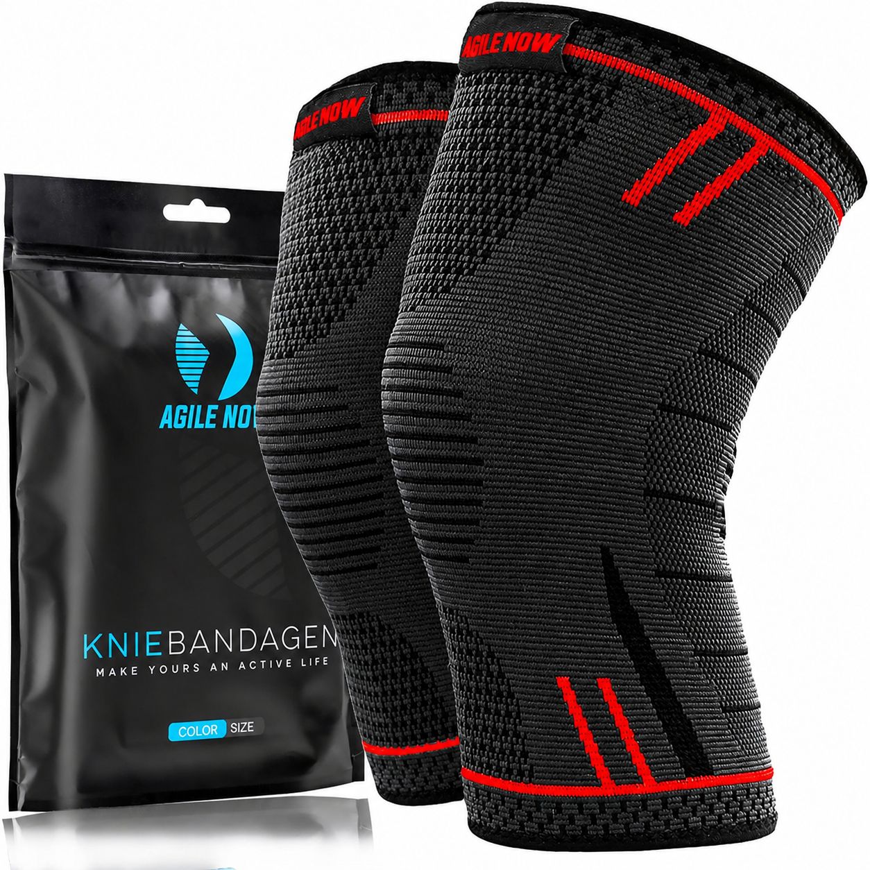 Zwei Kniebandagen in Verpackung. Schwarze Bandagen mit roten Akzenten. Marke: AGILE NOW.