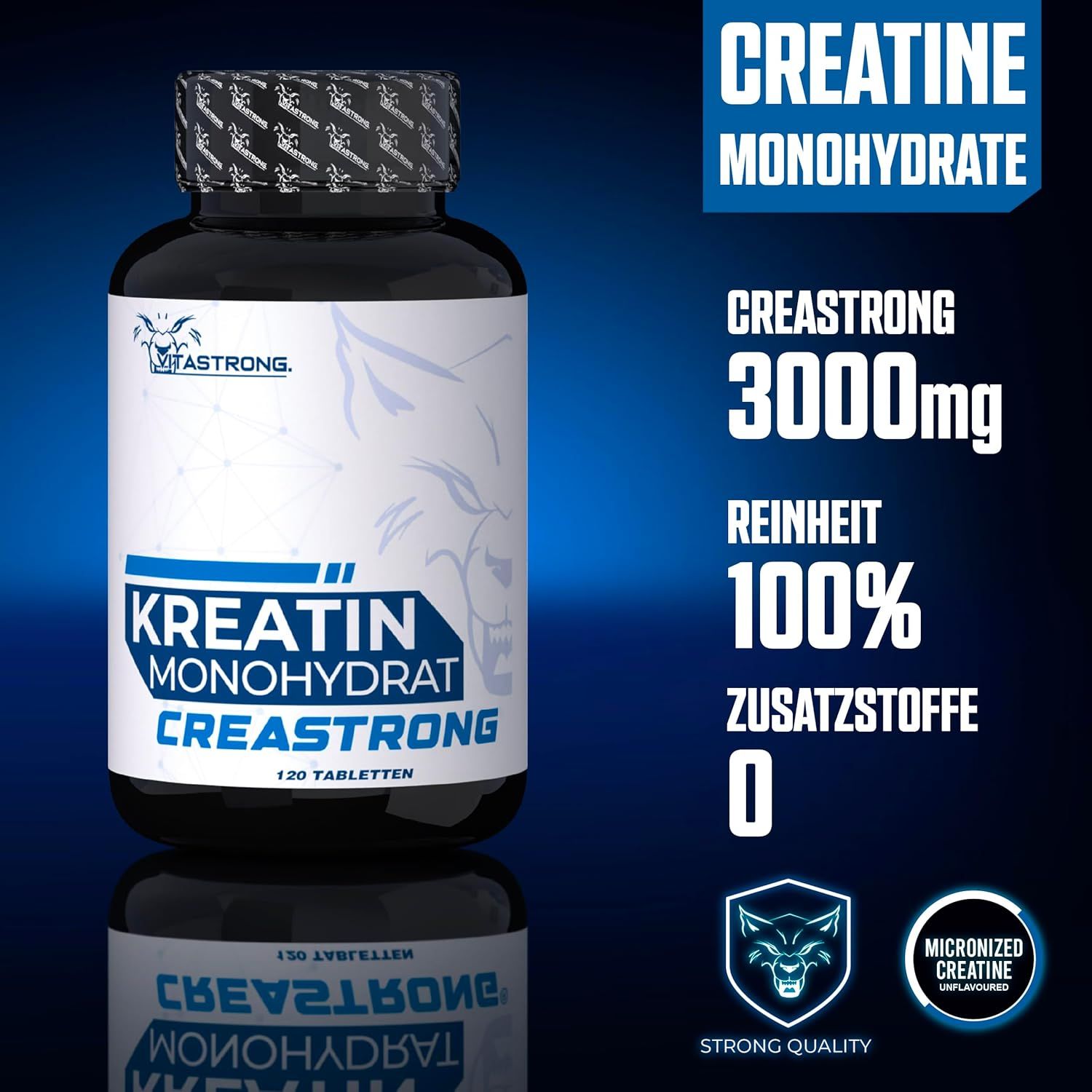 Schwarze Flasche mit weißem Etikett. Text: Kreatin Monohydrat Creastrong, 120 Tabletten. 3000mg, 100% Reinheit.