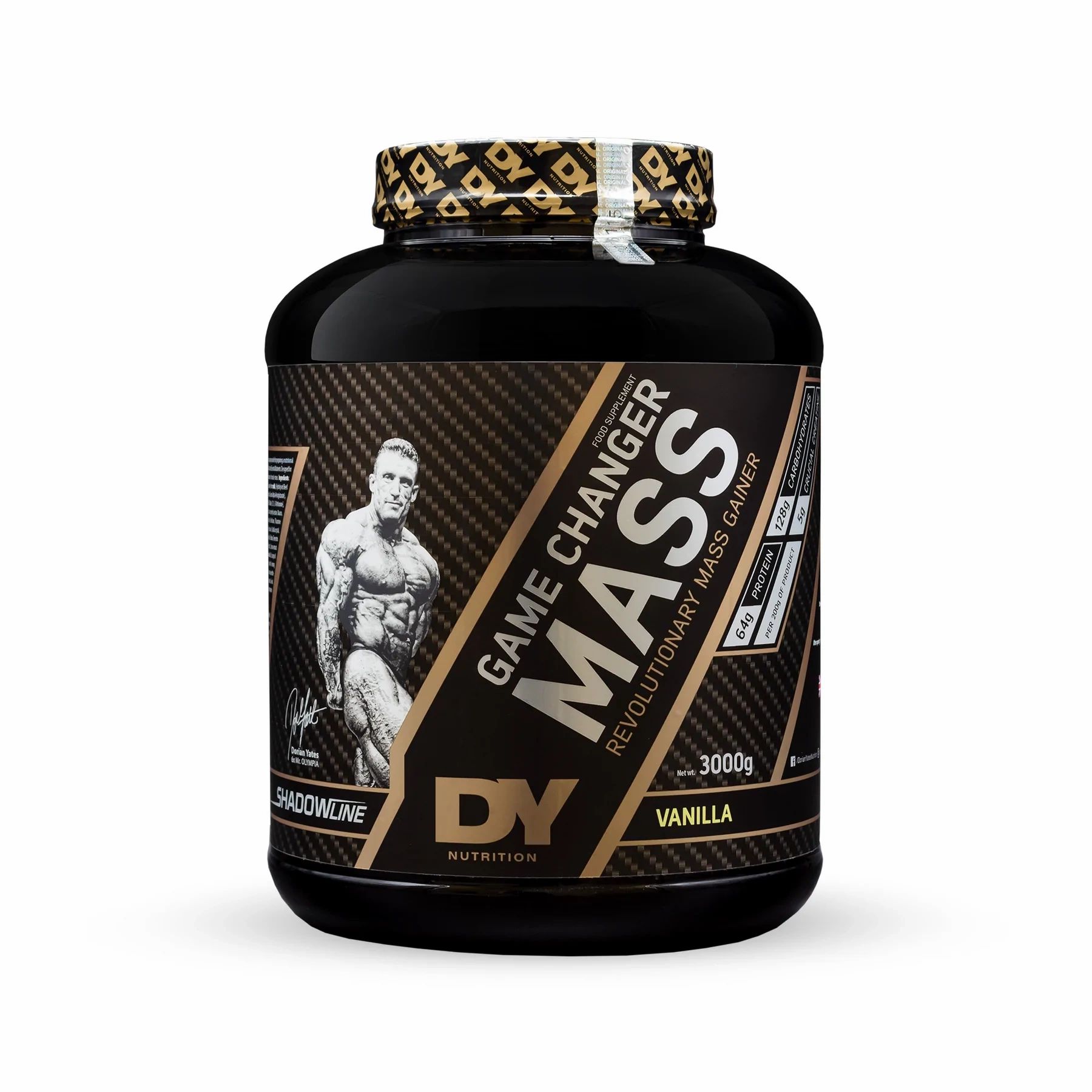 Schwarzer Behälter mit dem Produktnamen GAME CHANGER MASS. DY Nutrition Logo. 3000g, Vanille.
