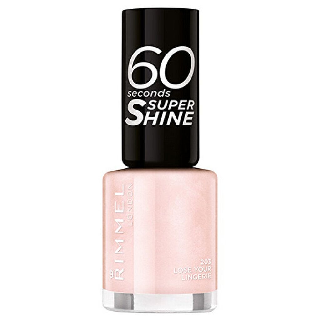 Nagellackflasche mit schwarzem Deckel. Aufschrift: 60 seconds Super Shine, Rimmel London, 201 Lose Your Lingerie. Farbe: hellrosa.