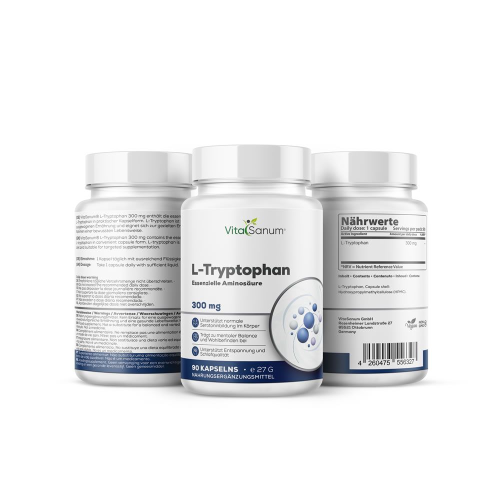 Drei weiße Flaschen VitaSanum L-Tryptophan. Aufschrift: 300 mg, 90 Kapseln. Blaue und weiße Etiketten mit Produktinformationen.