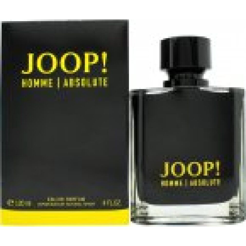 Schwarzer Flakon und Verpackung. Gelber Schriftzug: JOOP! HOMME | ABSOLUTE. Flakon mit schwarzem Deckel. Verpackung mit gelbem Streifen.