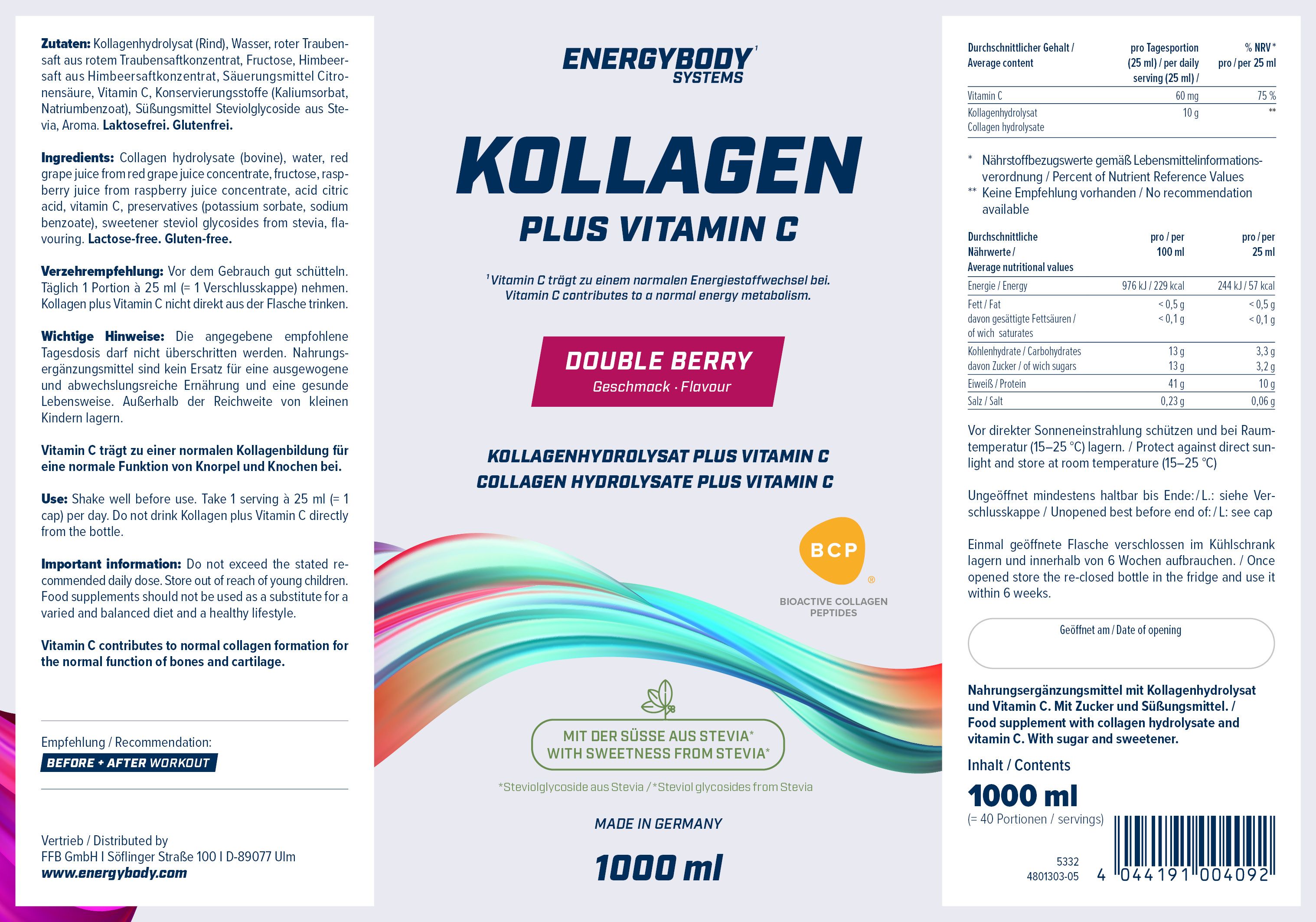 Etikett mit Text: Kollagen Plus Vitamin C, Double Berry. Inhaltsstoffe und Nährwertangaben. Hergestellt in Deutschland.