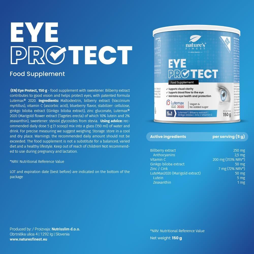 Produkt-Dose mit "Eye Protect" auf blauem Hintergrund. Text: Optimale Augenpflege für jedes Alter. Symbole: Laptop, Spielekonsole, Auge, Brille.