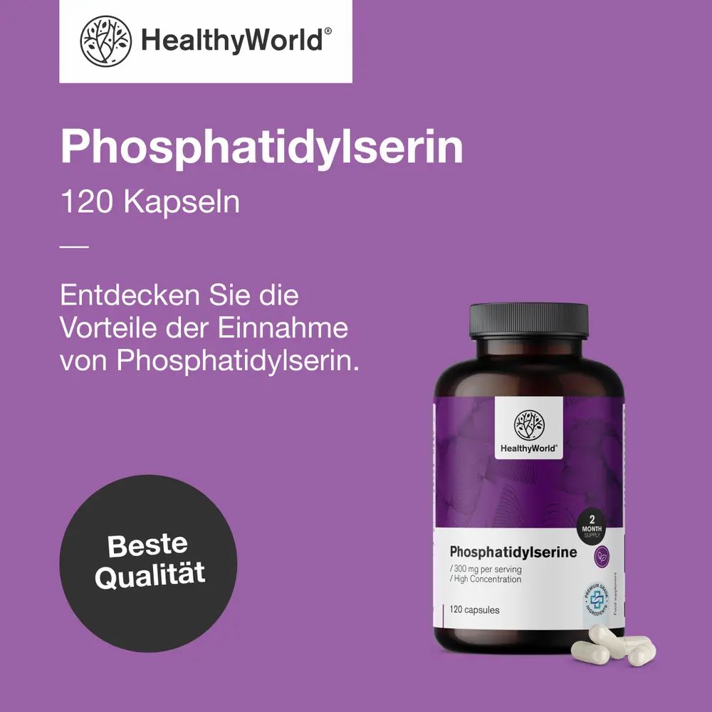 Flasche mit lila Etikett: Phosphatidylserin, 120 Kapseln. Logo HealthyWorld. Aufschrift: Beste Qualität.