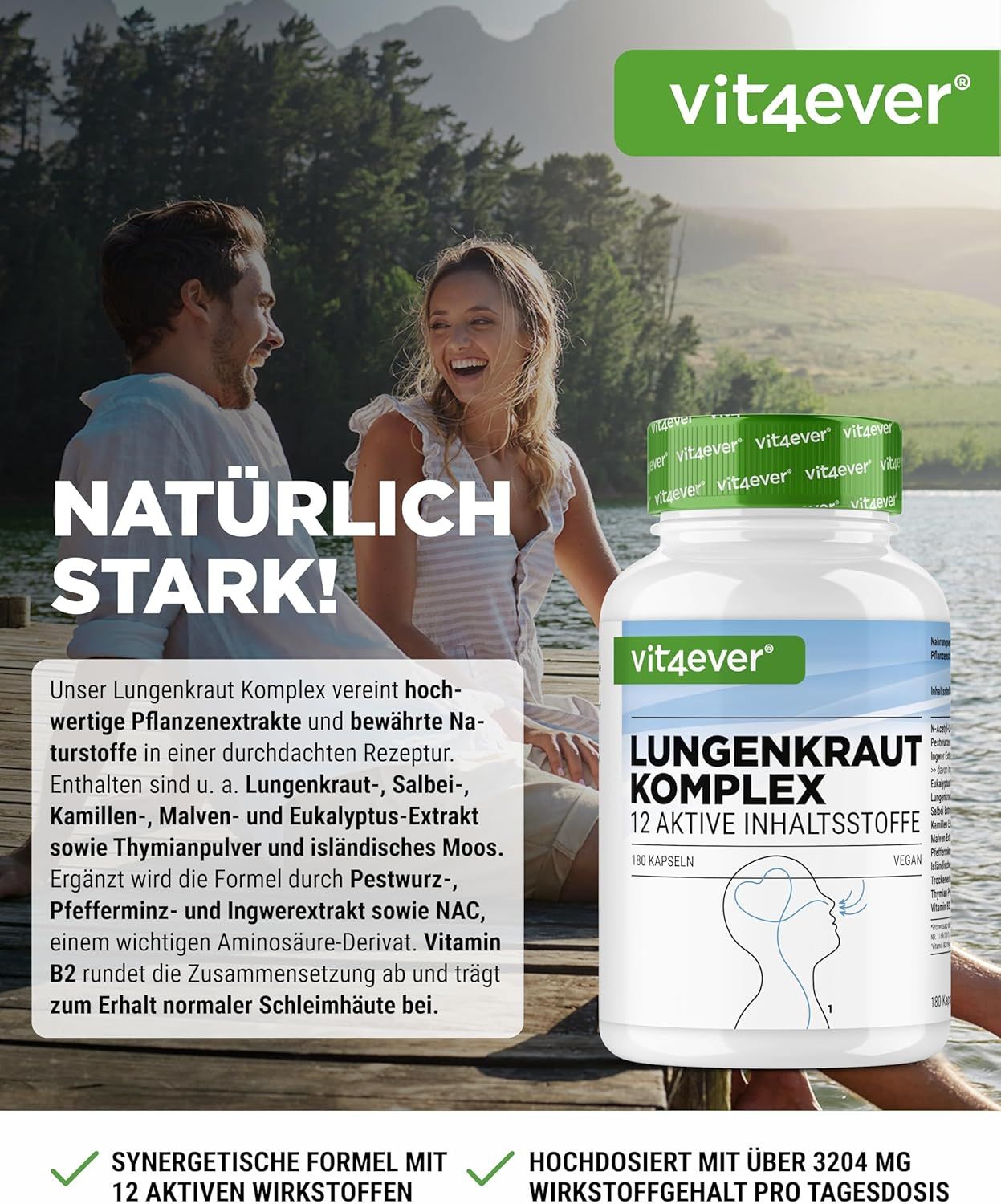 Produktflasche neben Paar. Aufschrift: vit4ever Lungenkraut Komplex, 12 aktive Inhaltsstoffe, 180 Kapseln, vegan. Text: Natürlich stark!
