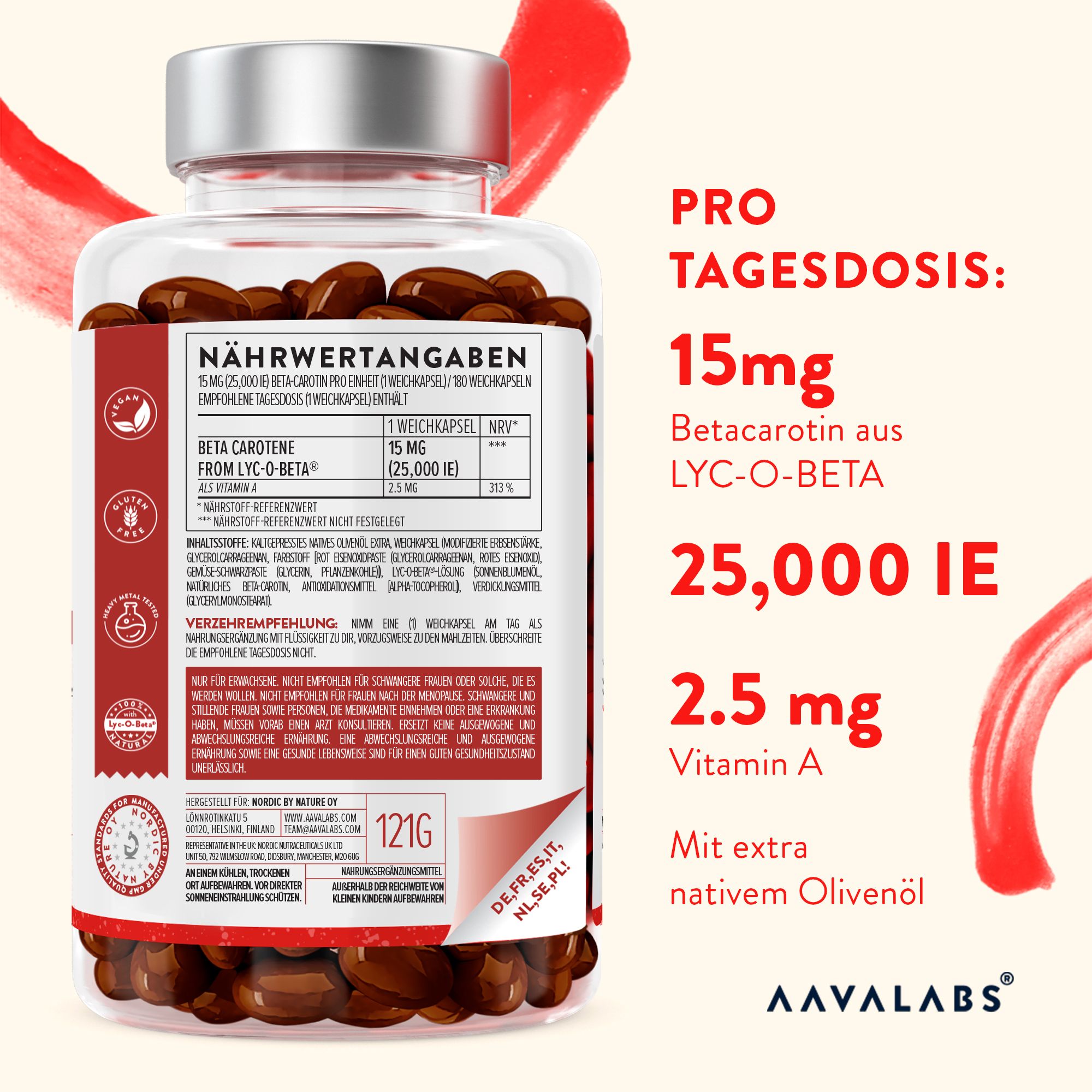 Rückseite der Flasche mit braunen Kapseln. Text mit Nährwertangaben. 15mg Beta-Carotin, 25.000 IE Vitamin A. Mit Olivenöl.